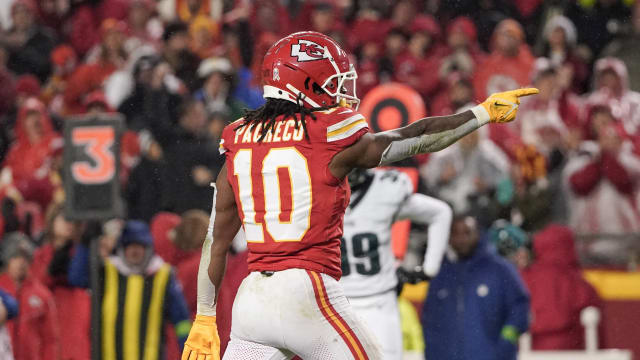 Nov 20, 2023; Kansas City, Missouri, USA; Kansas City Chiefs running back Isiah Pacheco (10) celebrates after a run against the Philadelphia Eagles during the first half at GEHA Field at Arrowhead Stadium. Mandatory Credit: Denny Medley-USA TODAY Sports  